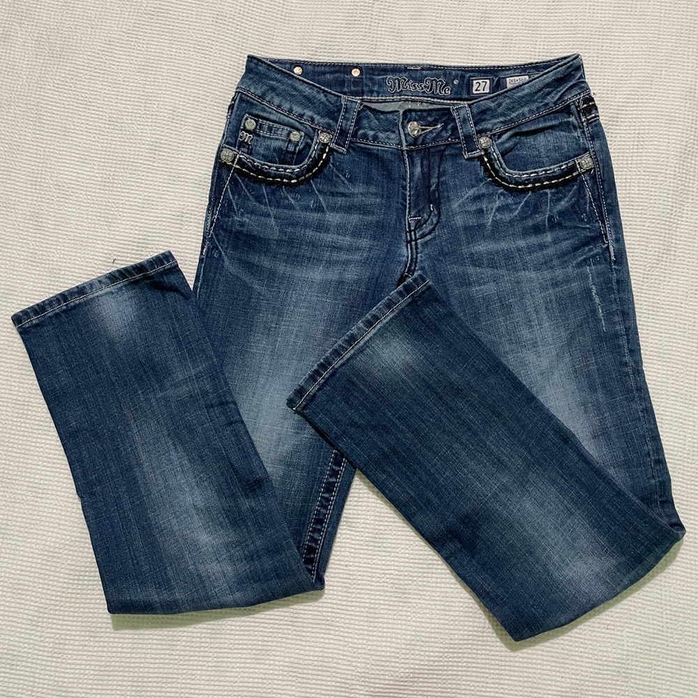 Miss Me size 27 JE5456P Capri Blue Jeans Pants Rhinestones Sequinces Jewels